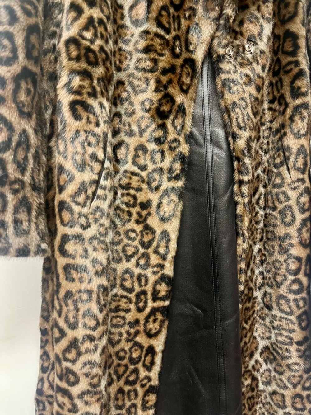La Fiorentina Reversible Faux Fur Leopard & Black Leather Long Maxi Trench Coat - Picture 5 of 12